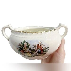 Vintage Harker Pottery Scenic Sugar Bowl / Creamer 22K Gold Trim